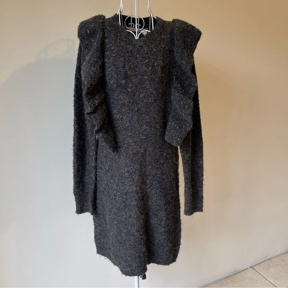 NWT Chelsea & Violet Ruffle Shoulder Sweater Dress Slate wool blend brown SZ S - Picture 3 of 12